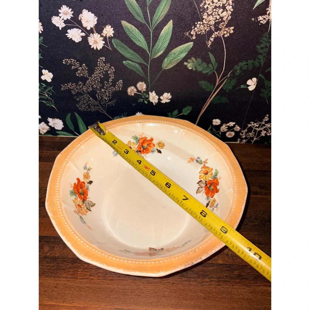 Vintage Crown Ivory Floral Serving Bowl Orange Poppies Octagonal 9 Inch